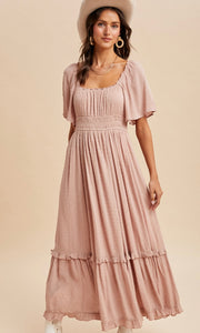 Lilith Tea Rose Swiss Dot Flutter Sleeve Maxi