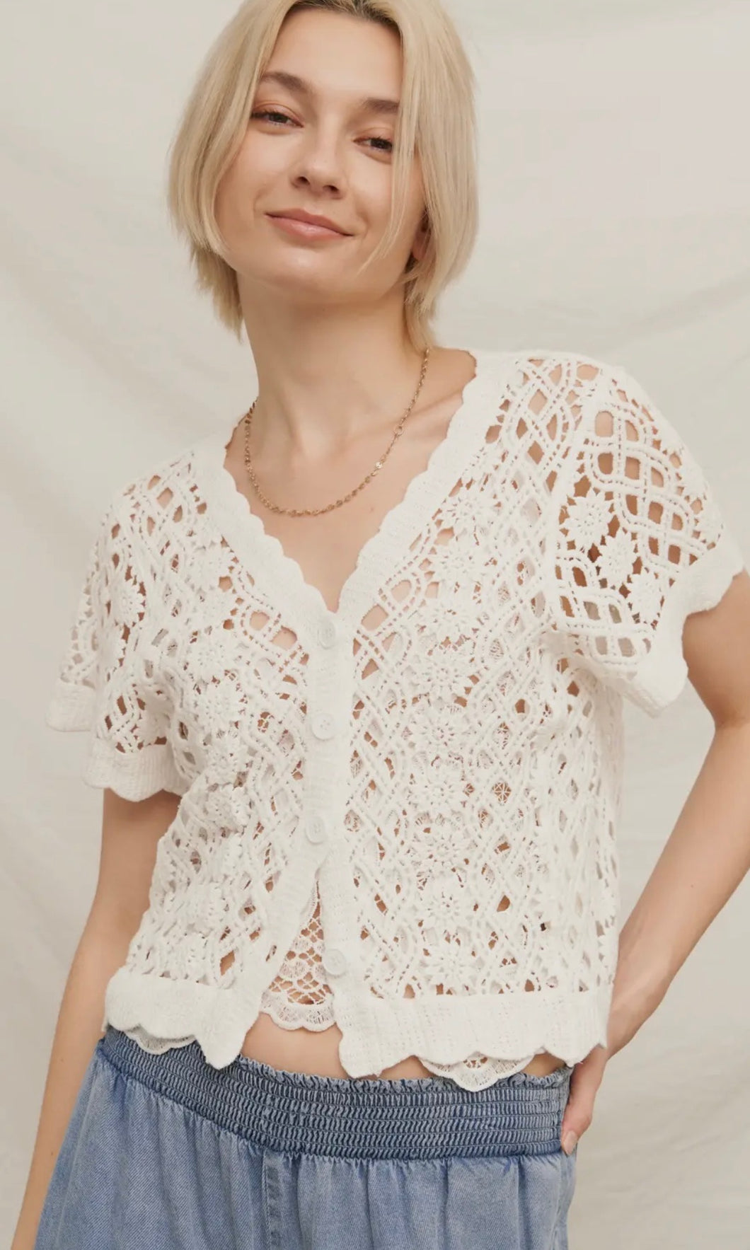 Kalvin White Button Front Crochet Knitted Top