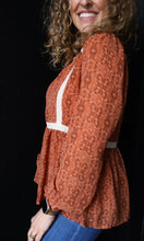 Ollie Rust Lace Trim High Neck Peplum Blouse