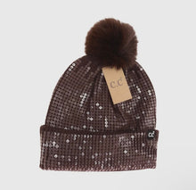 Allover Clear Sequin Faux Fur Pom C.C Beanie