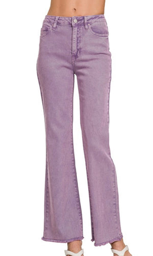 Acarie Light Plum Wide Leg Stretch Cotton Frayed Hem Pants