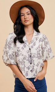 Daisy Ash Floral Button Front Puffed Sleeve Blouse