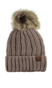 CC Beanie Thick Ribbed Knit Faux-Fur Pom Pom Lined Beanie