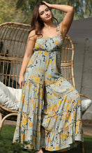 Catreena Slate Floral Super Wide Leg Tiered Jumpsuit with Tie Straps