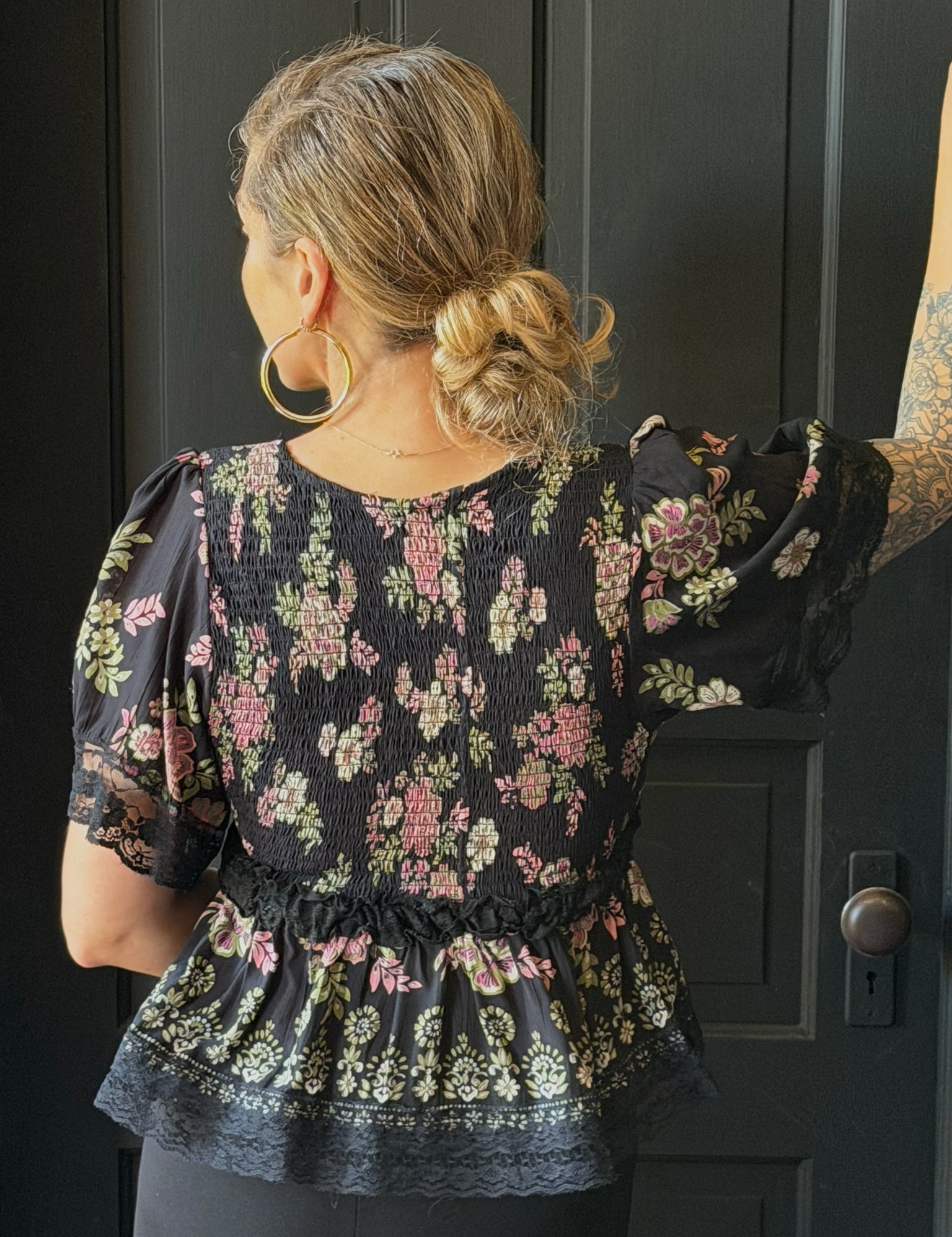 Amara Black Short Sleeve V-Neck Lace Trim Top