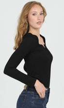 Colter Black Textured Knit Long Sleeve Notch Neck Top