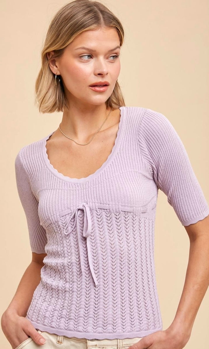 Alucy Pastel Lavender Pointelle Lightweight Sweater
