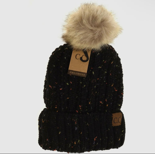 Fuzzy Lined Flecked Fur Pom C.C Beanie