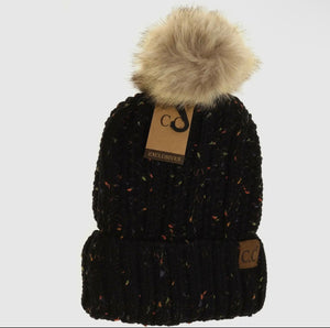 Fuzzy Lined Flecked Fur Pom C.C Beanie