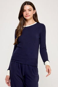 Miguel Navy Long Sleeve Top with Contrast Collar