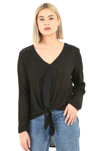 Aderie Black Lace Trim Tie-Front Tunic Top Shirt