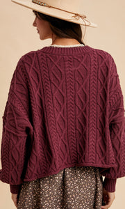 Letti Burgundy Cotton Cable Knit Pullover