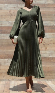 Julian Olive Smocked Top Satin Midi Dresses