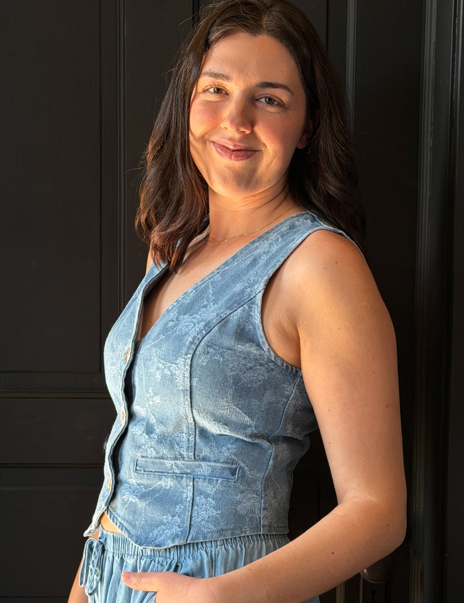 Isha Floral Jacquard Button Down Denim Vest