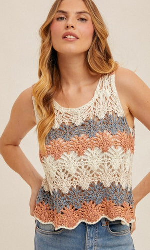 Felipe Open Crochet Knit Multi Yarn Color Block Tank