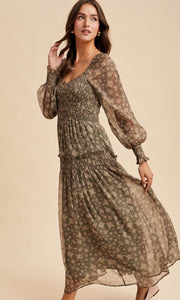 Leki Dusted Eucalyptus Smocked Floral Maxi Dress