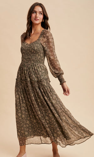 Leki Dusted Eucalyptus Smocked Floral Maxi Dress