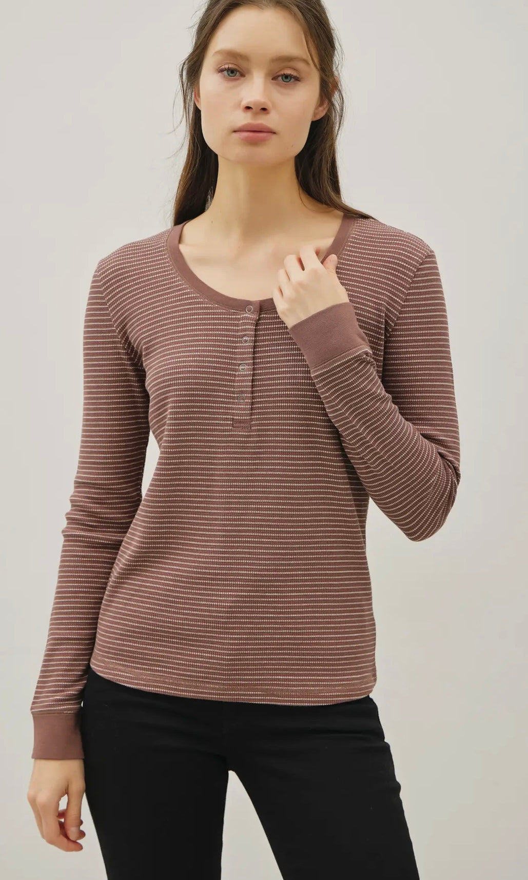 Ismael Brown Stitched Thermal Henley Neck Top