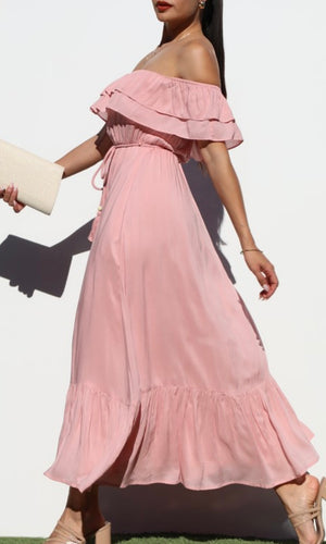 Eira Blush Pink Off Shoulder Woven Midi Dress