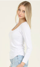 Carina White Rib Knit Scoop Neck Rounded Hem Long Sleeve Top