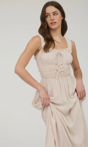 Lyra LT. Taupe Shirred Front Tie Detail Sleeveless Midi Dress