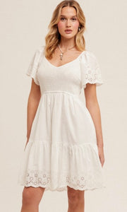 Emma Smocked Detail Eyelet Tiered Babydoll Dress