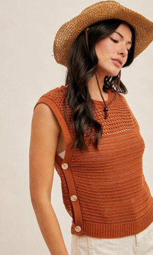 Floss Rust Side Button Cotton Sweater Sleeveless Top