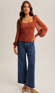 Maize Scallop Neck Edge Chiffon Sleeve Sweater Top