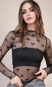 Percy Black Bow High Neck Fitted Sheer Mesh Lace Knit Top