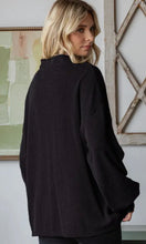 Ariba Black Solid Rib Drop Shoulder Button Balloon Sleeve Cardigan