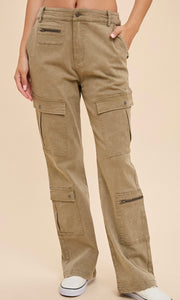 Atrey Sunbleached Olive Stretch Cotton Mineral Washed Flare Cargo Pants