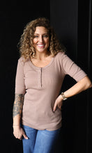 Nash Mocha Classic Ribbed Cotton Short Sleeve Henley Neck Top