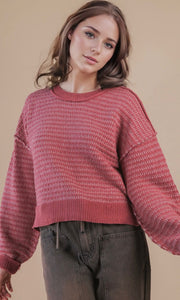 Mia Mauve Two Tone Textured Knit Casual Sweater Top