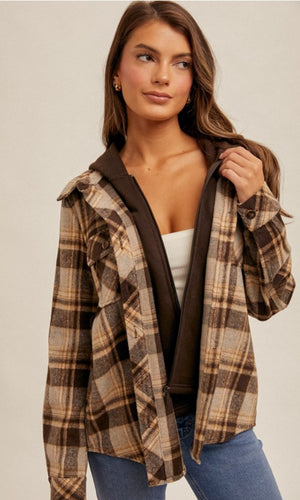 Betty Twofer Brown Button Front Plaid Hooded Shacket