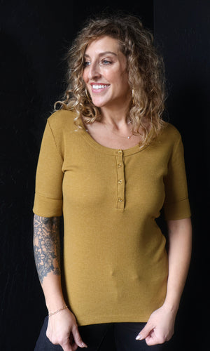 Nash Dijon Classic Ribbed Cotton Short Sleeve Henley Neck Top