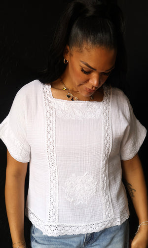 Olivia Short Sleeve Cotton Blouse With Lace and Embroidery