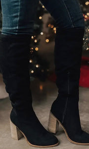 Rowan Black Suede Chunky Heel Knight Boots
