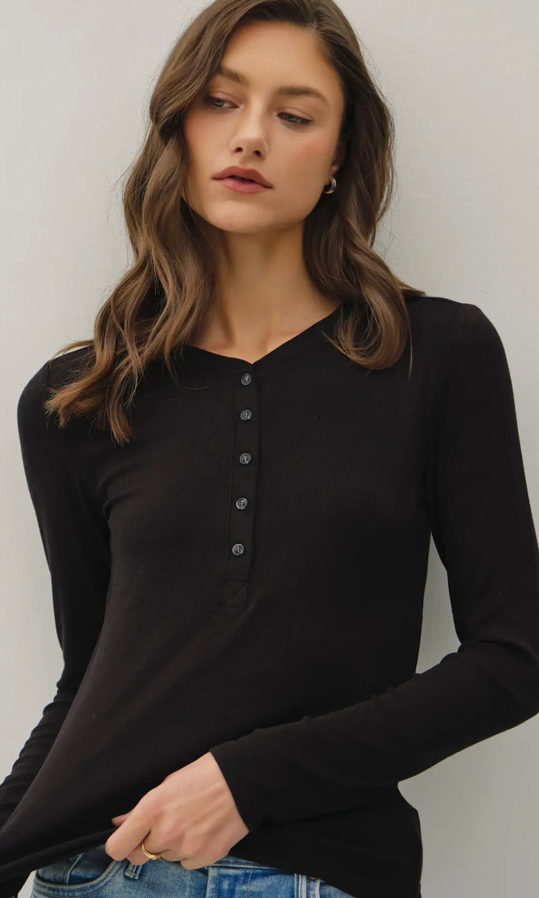 Levi Black Modal Classic Ribbed Long sleeve Henley Basic Top