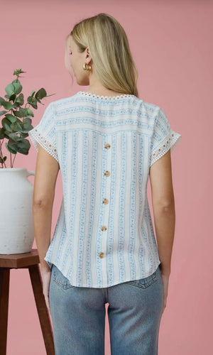 Elsa Blue Multi Stripe Floral Pattern Batwing Short Sleeve Top
