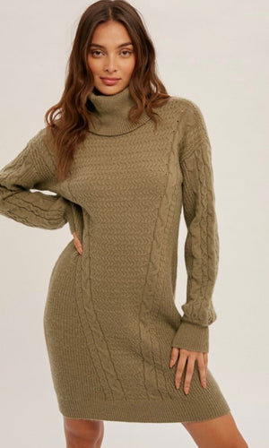 Asanka Olive Cable Knit Turtleneck Sweater Dress