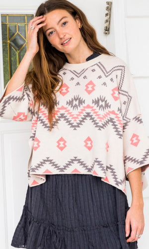 Bethany Aztec Print Side Slit Poncho Sweater