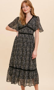 Aiverly Black Paisley Lace Trim Midi Dress