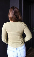 Nicole Olive Ribbed Notched Neck Longsleeve Basic Top