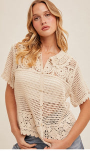 Faren Button Down Crochet Collard Top