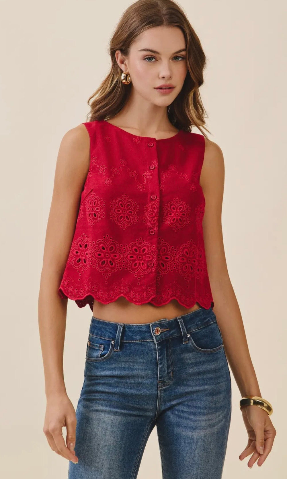 Paula Floral Eyelet Embroidery Scalloped Hem Crop Top