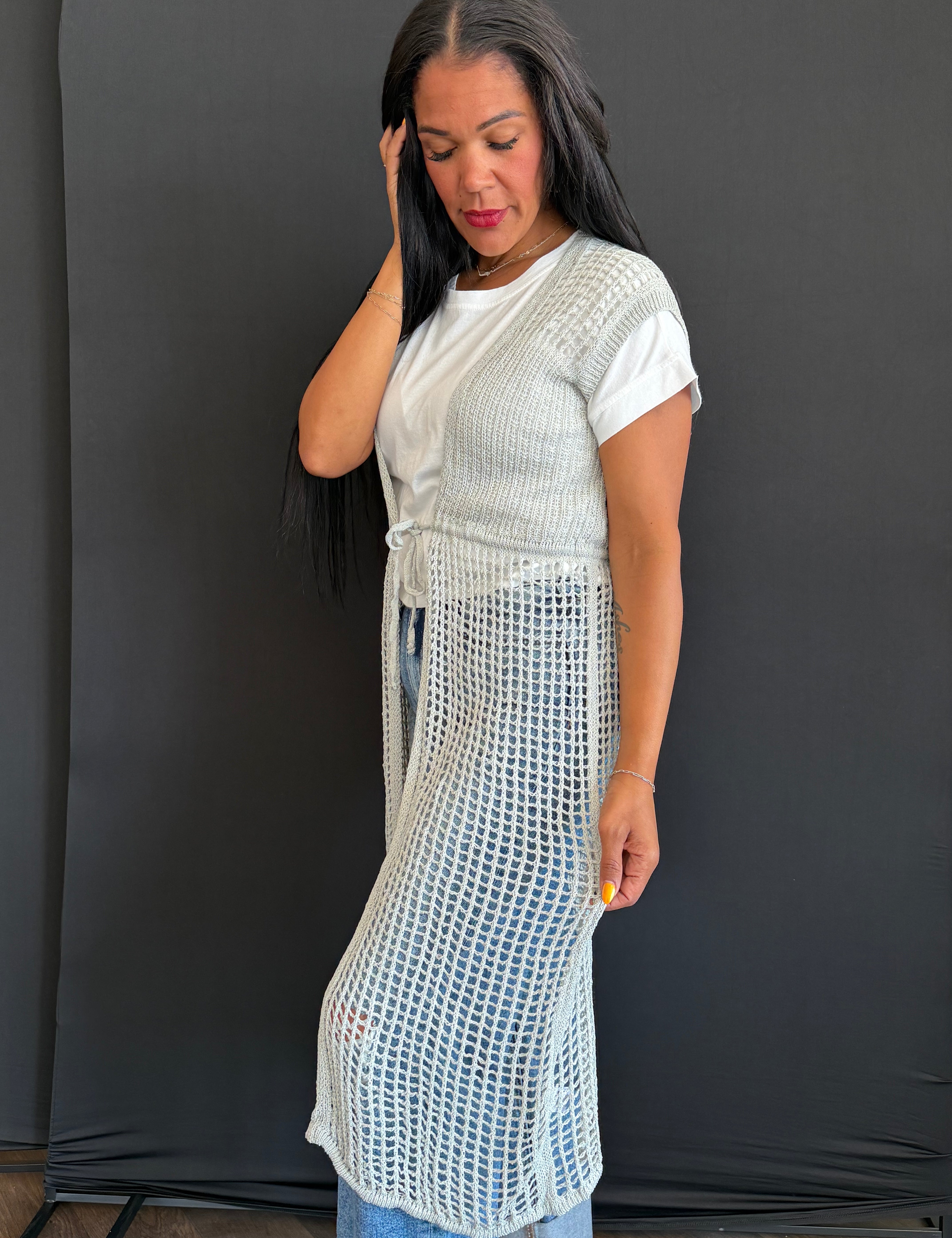Coraline Soft Gray Open Weave Knit Sleeveless Front Tie Cardigan