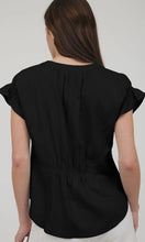 Lucia Black Split Neck Rushed Sleeve & Back Linen Blouse
