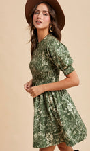 Lisha Olive Smocked Cotton Floral Mini Dress