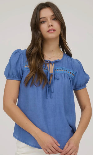 Heini Blue Eyelet Lace Trim Double Front Tie Puff Sleeve Top