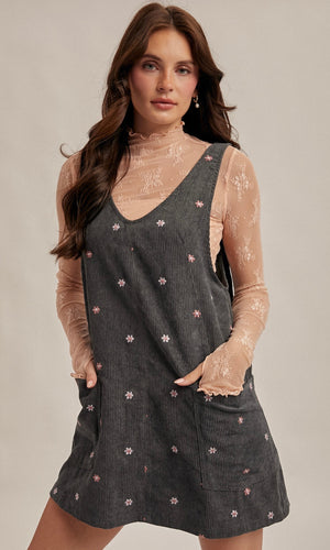 Nina Teal Floral Embroidered Corduroy Pinafore Dress